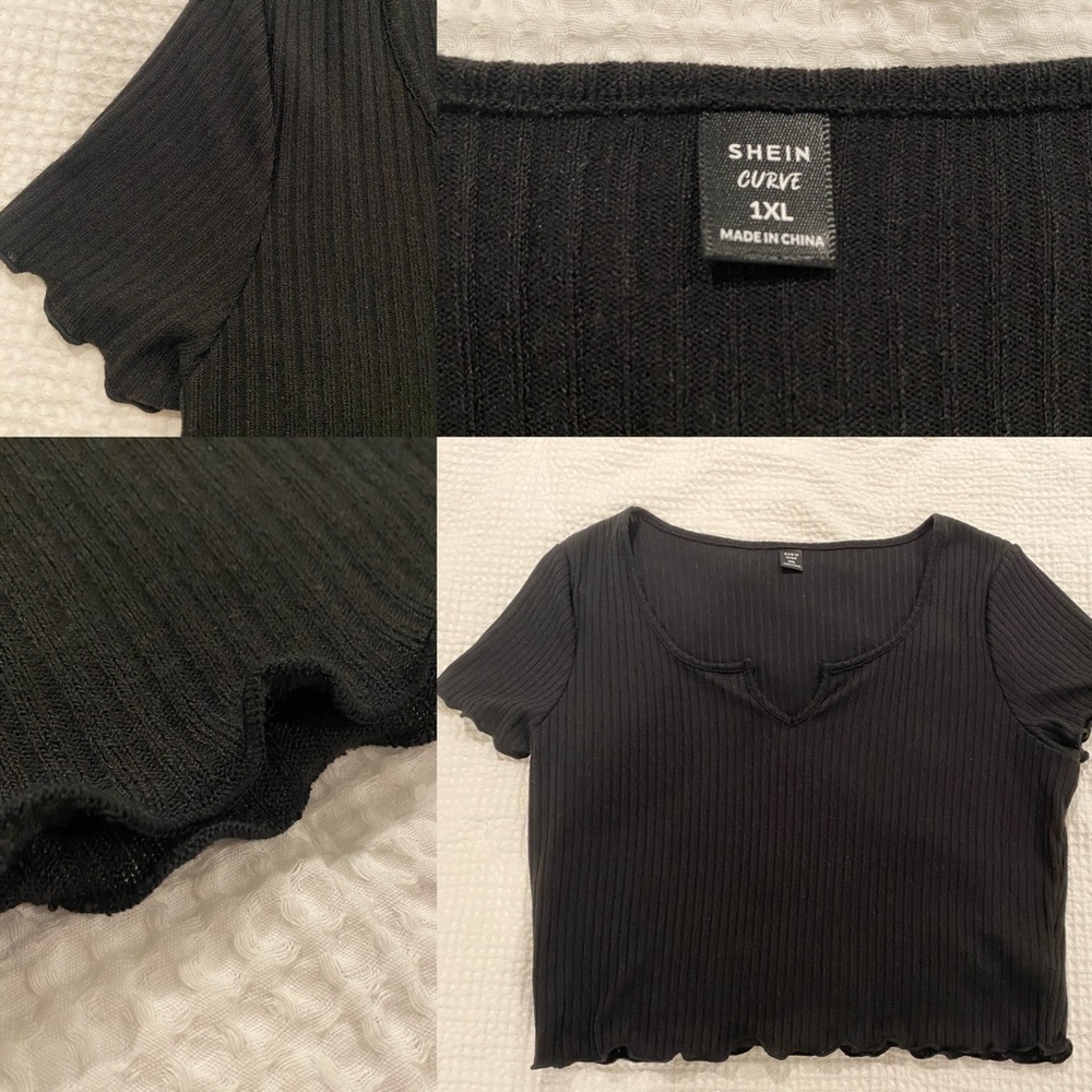 Shein Plus Notched Rib Knit Lettuce Trim Cropped Top